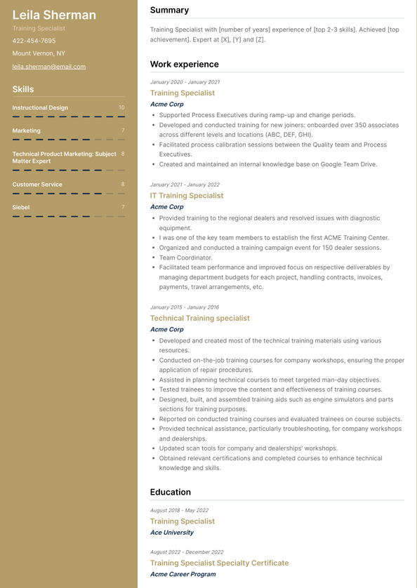 Training Specialist Resume Examples and Templates