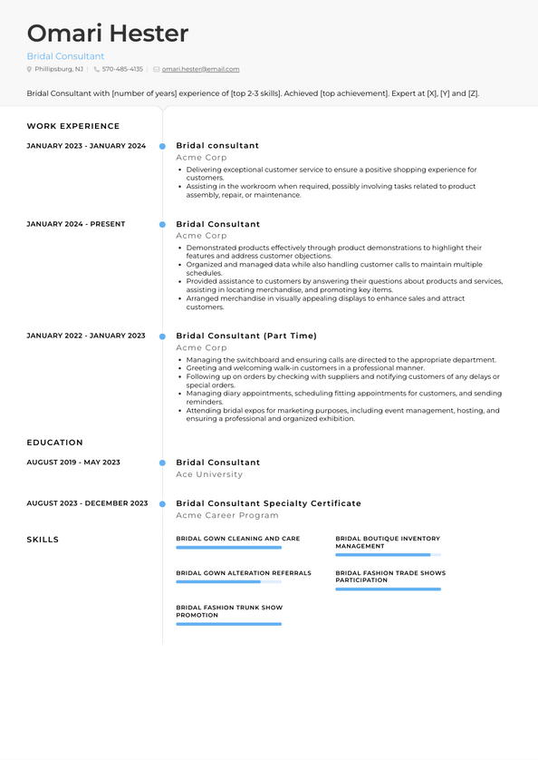 Bridal Consultant Resume Examples and Templates