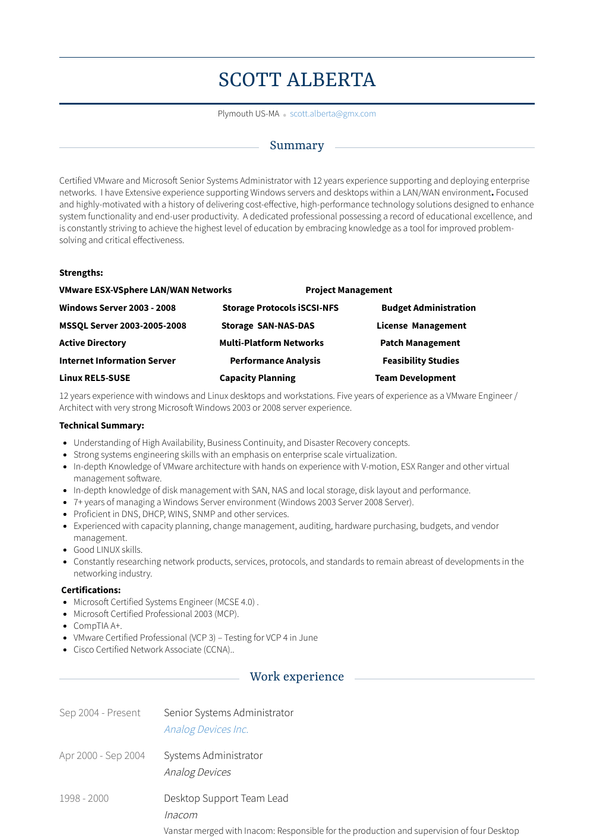 Senior Systems Administrator Resume Samples and Templates | VisualCV