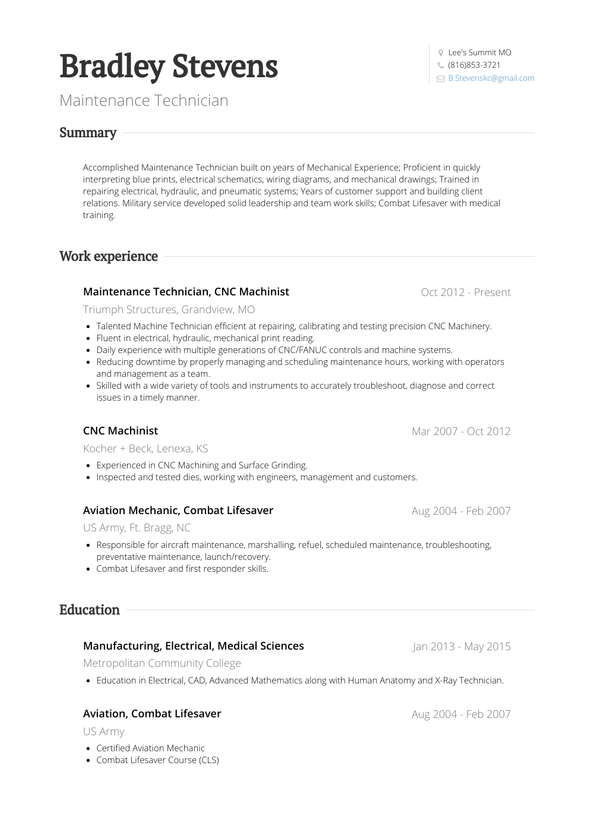 Cnc Machinist Resume Samples and Templates | VisualCV