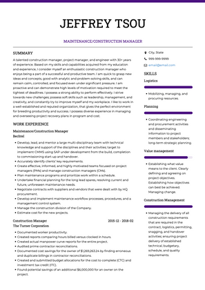 Construction Manager CV Example and Template