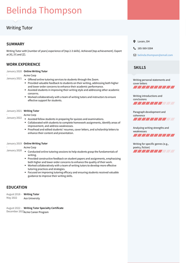 Writing Tutor Resume Examples and Templates