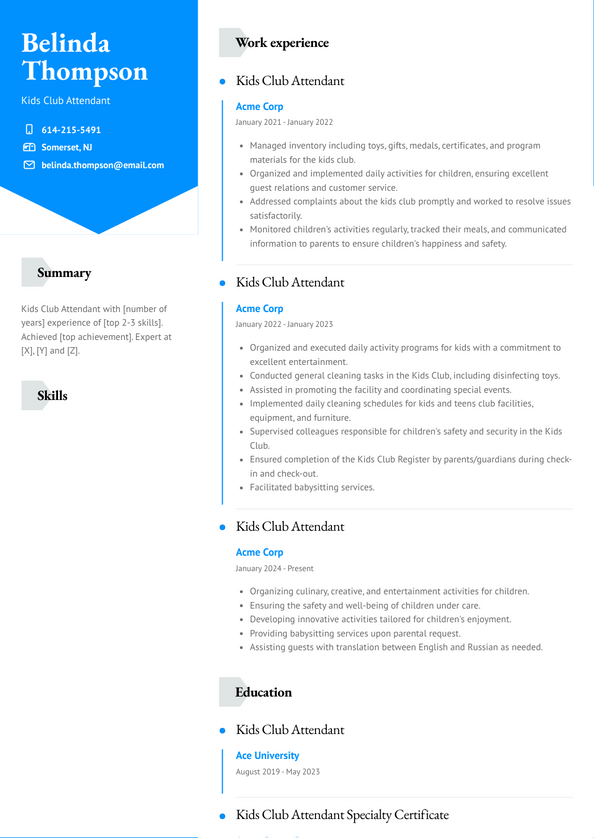 Kids Club Attendant Resume Examples and Templates