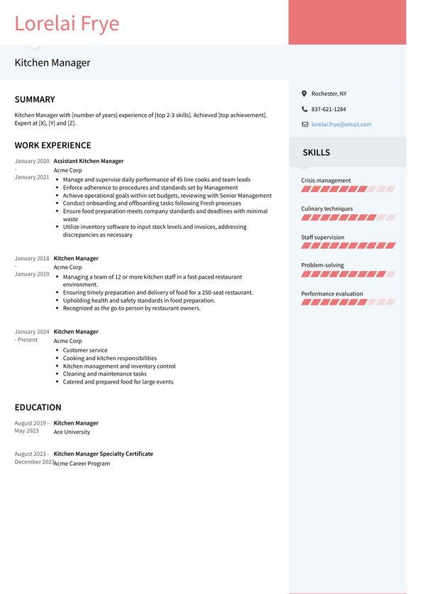 Kitchen Manager Resume Examples and Templates