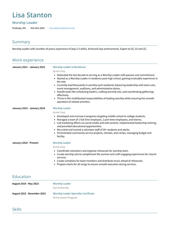 Worship Leader Resume Examples and Templates