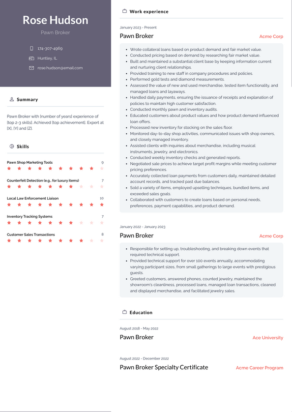 Pawn Broker Resume Examples and Templates