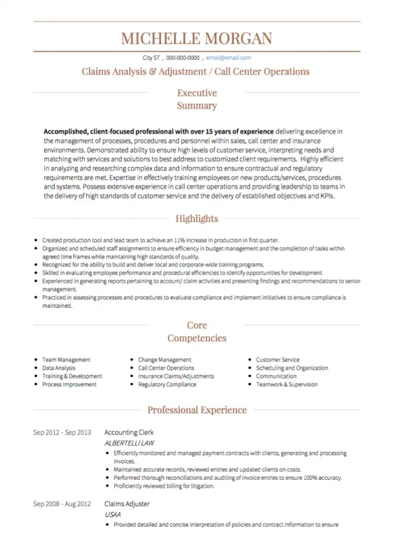 resume summary examples call center