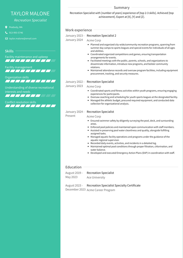 Recreation Specialist Resume Examples and Templates