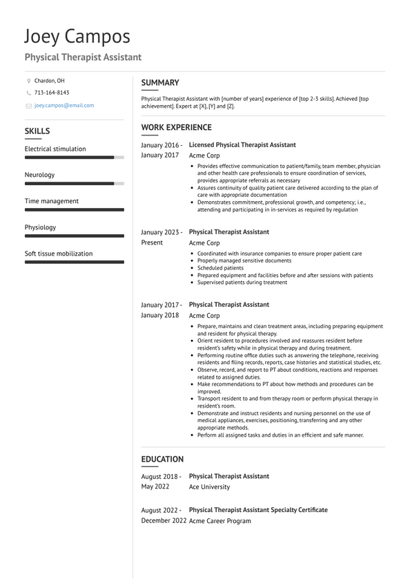 Physical Therapist Assistant Resume Examples and Templates