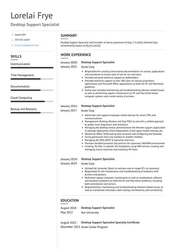 desktop support specialist resume sample