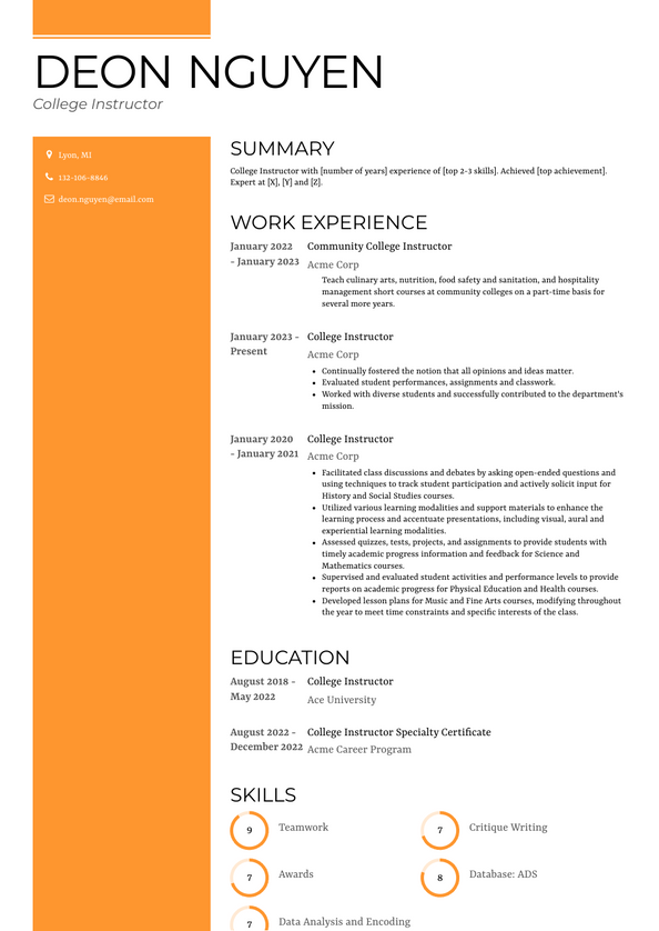 College Instructor Resume Examples And Templates   College Instructor Resume Example Gallant 