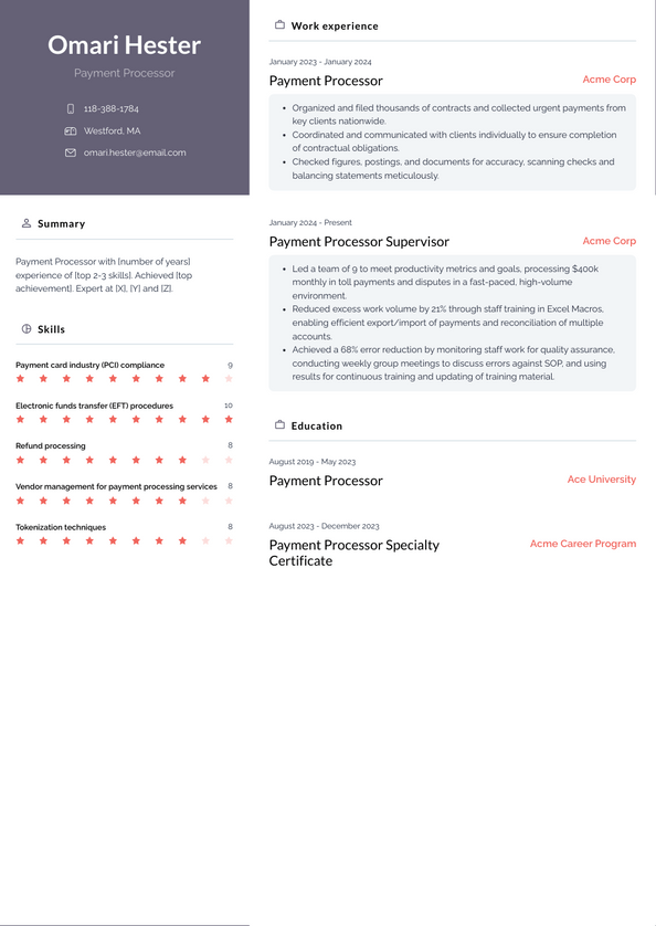 Payment Processor Resume Examples and Templates