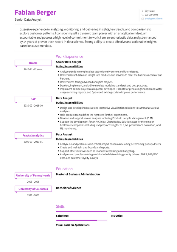 Data Analyst CV Examples & Templates | VisualCV