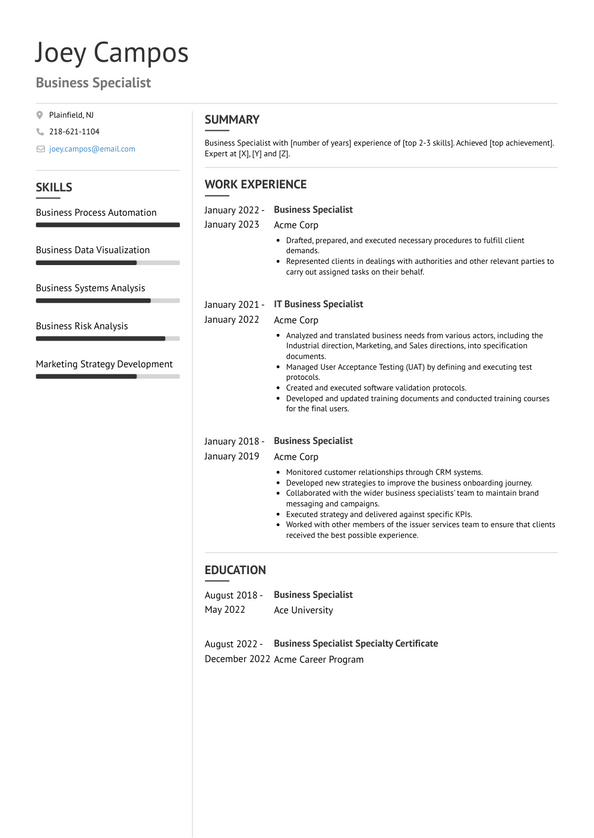 Business Specialist Resume Examples and Templates