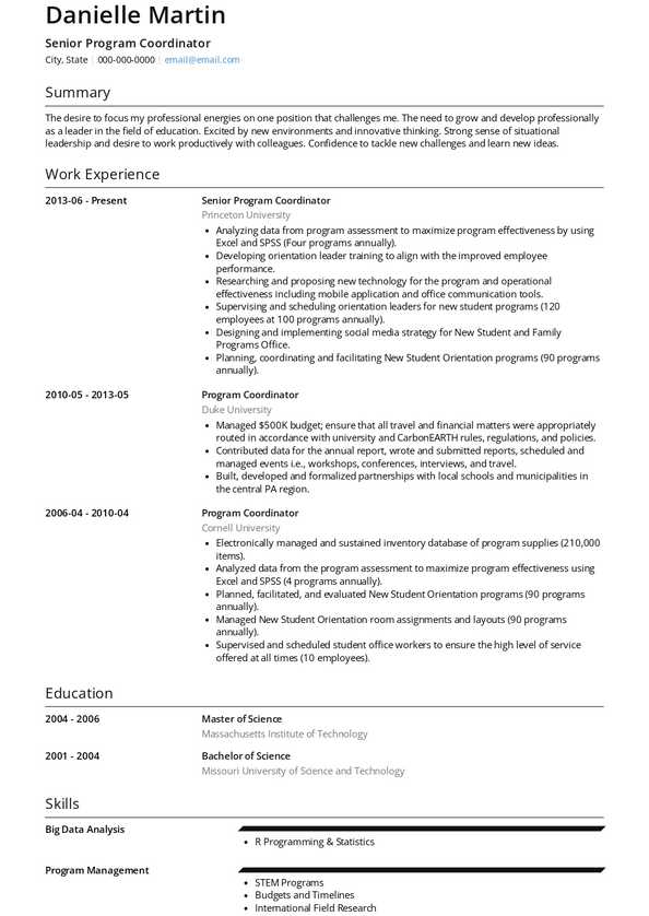 Senior Program Coordinator Resume Samples and Templates | VisualCV