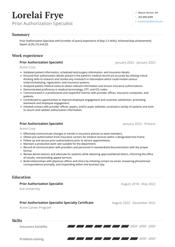 Prior Authorization Specialist Resume Examples and Templates