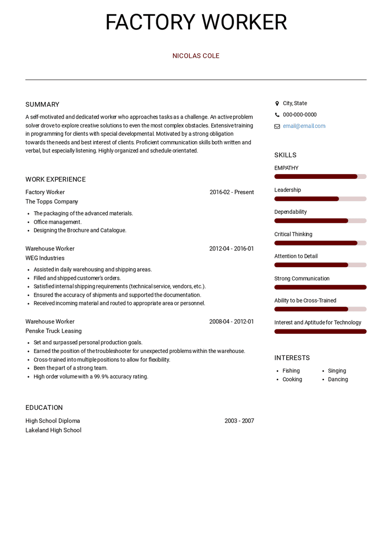 resume sample for factory worker with no experience