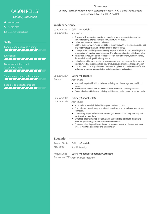 Culinary Specialist Resume Examples and Templates