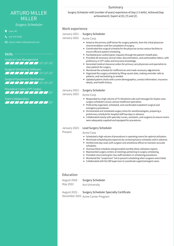 Surgery Scheduler Resume Examples and Templates