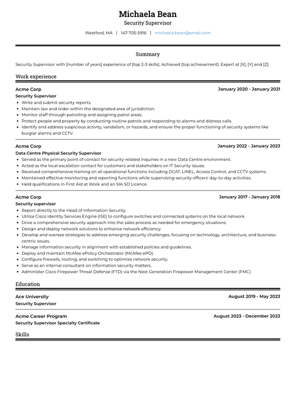 Security Supervisor Resume Examples and Templates