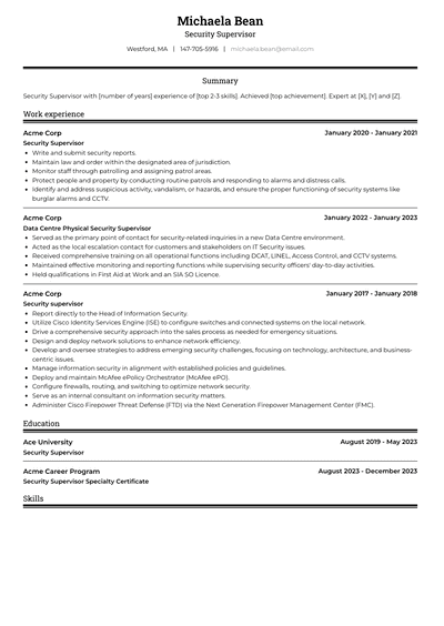 Security Supervisor Resume Examples and Templates