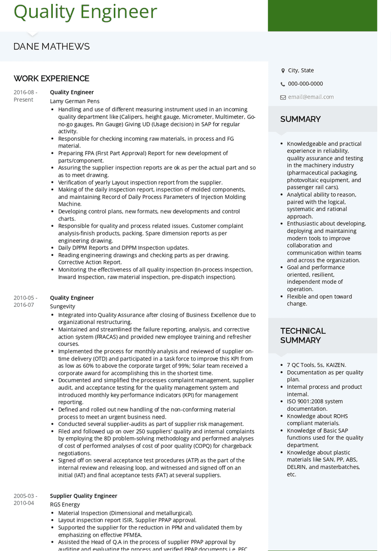 resume template for quality engineer