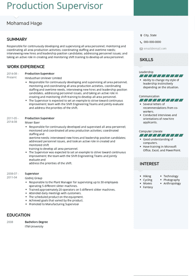 Production Supervisor Resume Samples and Templates | VisualCV