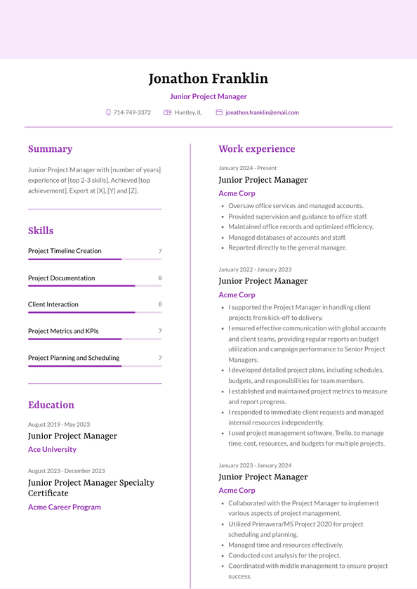 Junior Project Manager Resume Examples and Templates