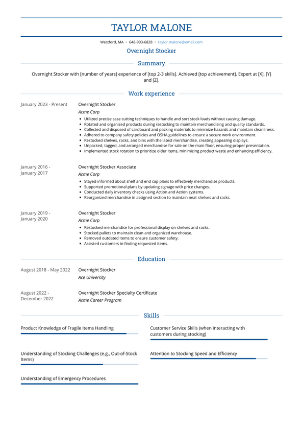 Overnight Stocker Resume Examples and Templates