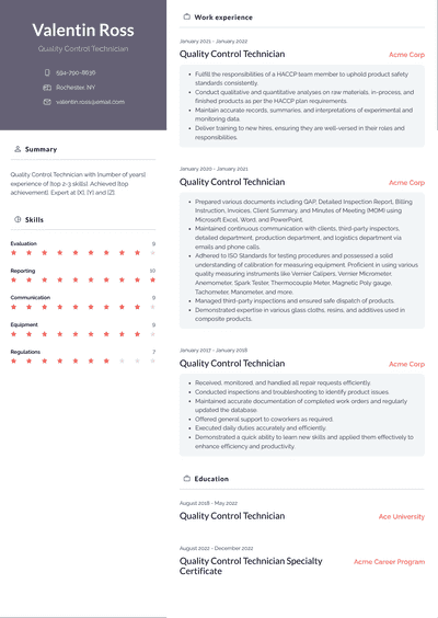 Quality Control Technician Resume Examples and Templates