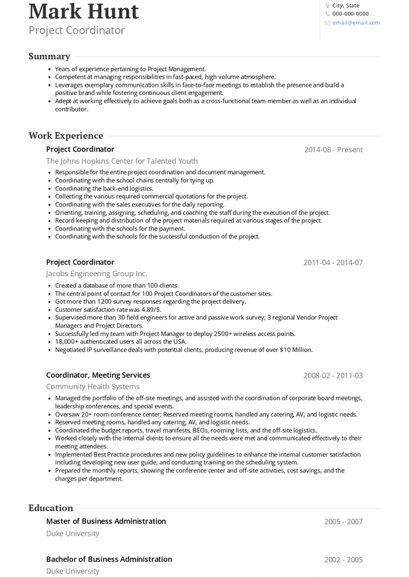 resume samples for project coordinator