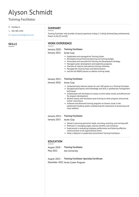 Training Facilitator Resume Examples and Templates