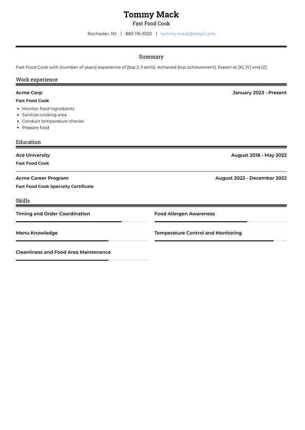 Fast Food Cook Resume Examples