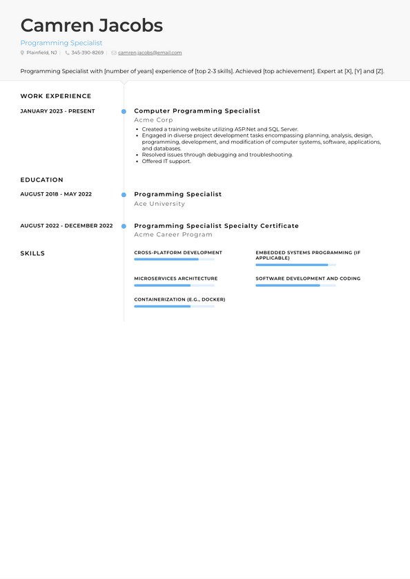 Programming Specialist Resume Examples and Templates