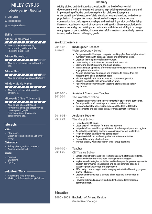 Kindergarten Teacher Resume Samples and Templates | VisualCV