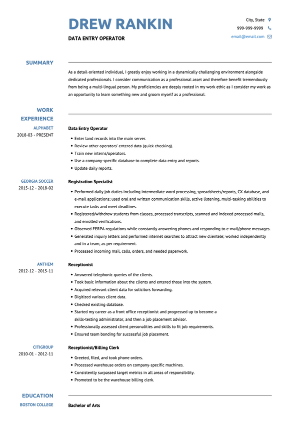 Data Entry Operator CV Examples & Templates | VisualCV