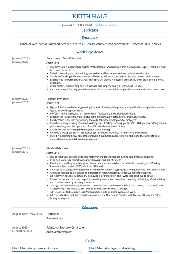 3+ Fabricator Resume Examples and Templates