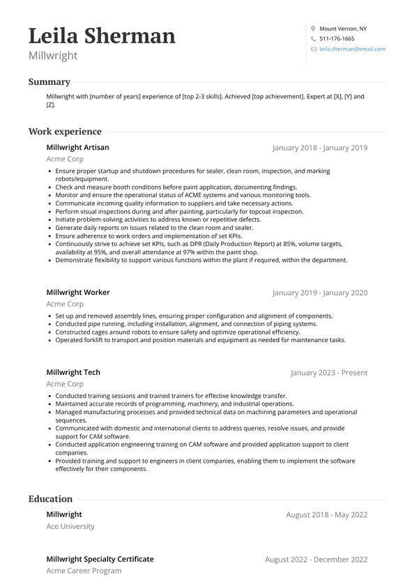 Millwright Resume Examples and Templates