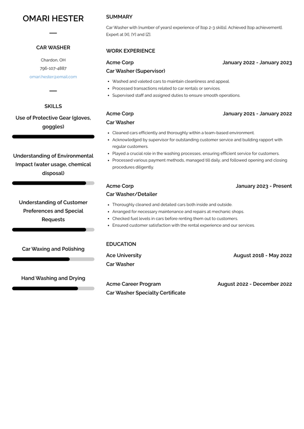 Car Washer Resume Examples and Templates