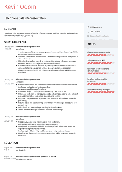 Telephone Sales Representative Resume Examples and Templates