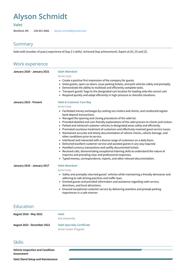 Valet Resume Examples and Templates