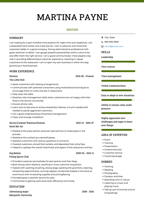 Hostess CV Examples & Templates | VisualCV