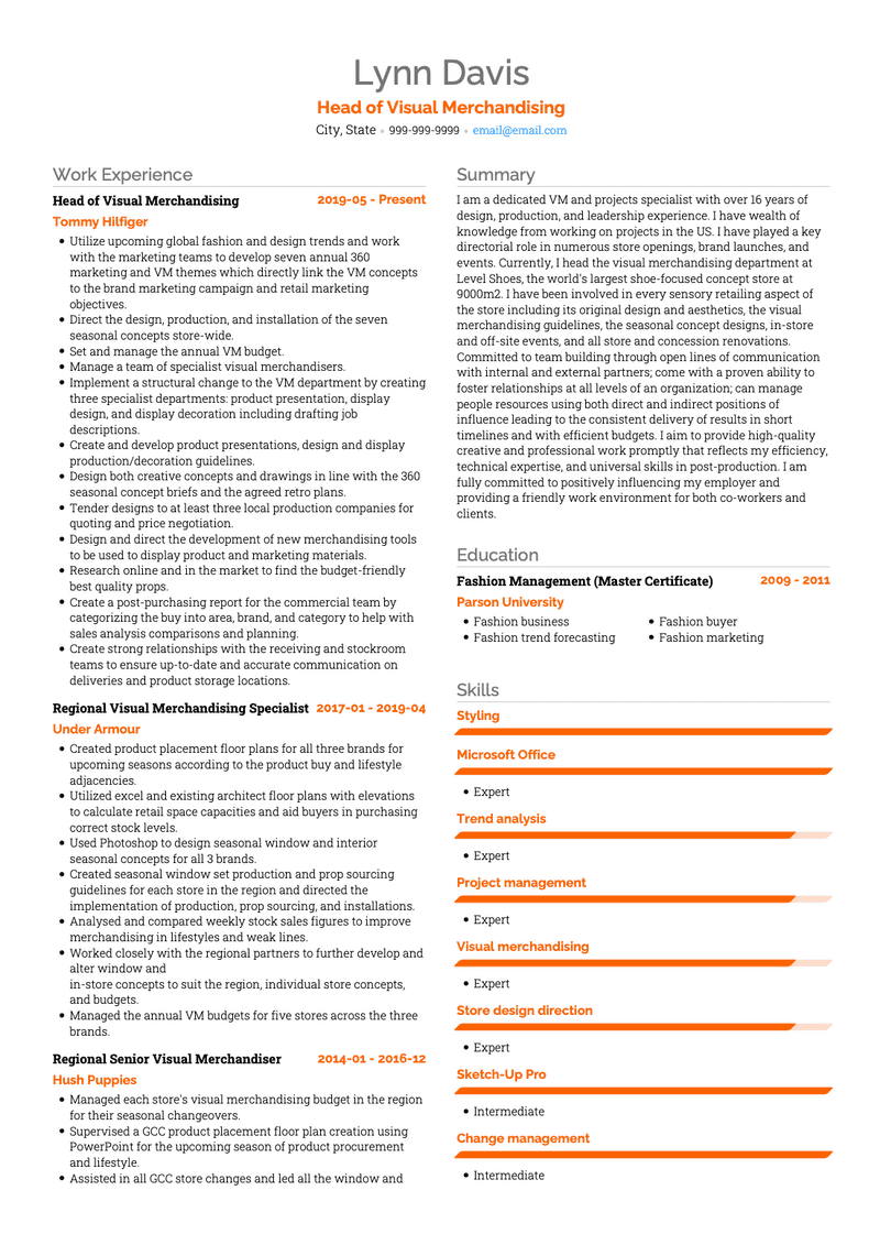 Head of Visual Merchandising CV Example and Template