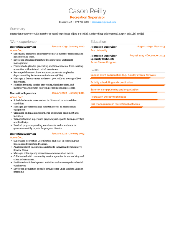 Recreation Supervisor Resume Examples and Templates