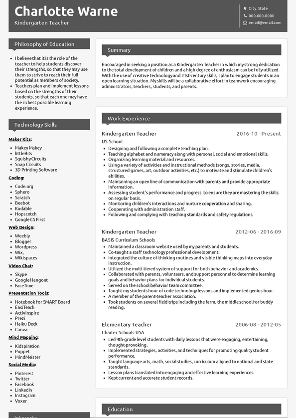 Kindergarten Teacher Resume Samples and Templates VisualCV