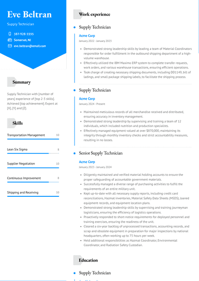 3+ Supply Technician Resume Examples and Templates