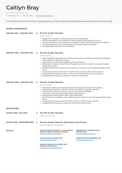 Fourth Grade Teacher Resume Examples and Templates