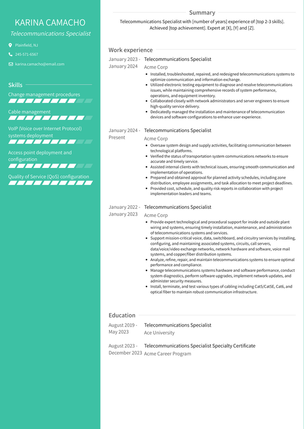 Telecommunications Specialist Resume Examples and Templates