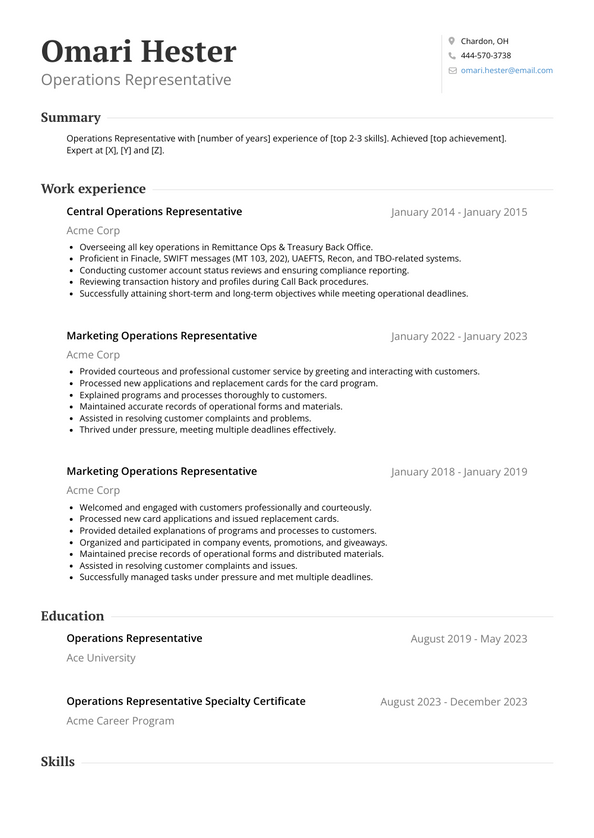 Operations Representative Resume Examples and Templates