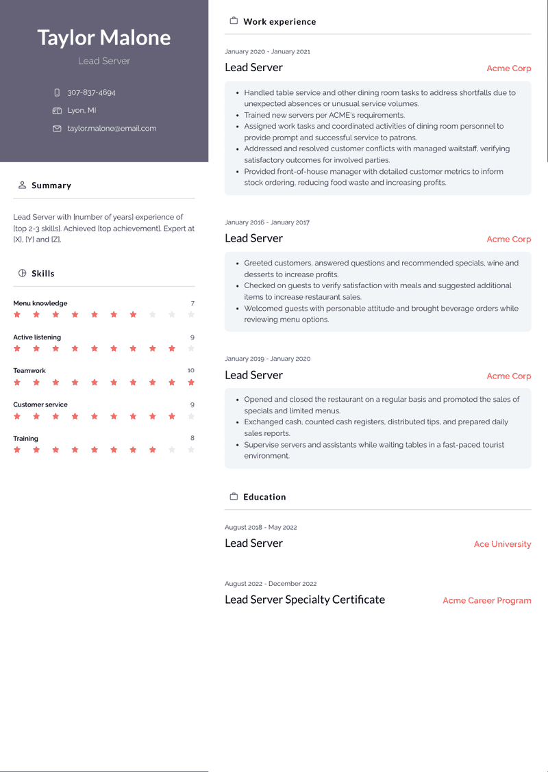  Lead Server Resume Examples And Templates